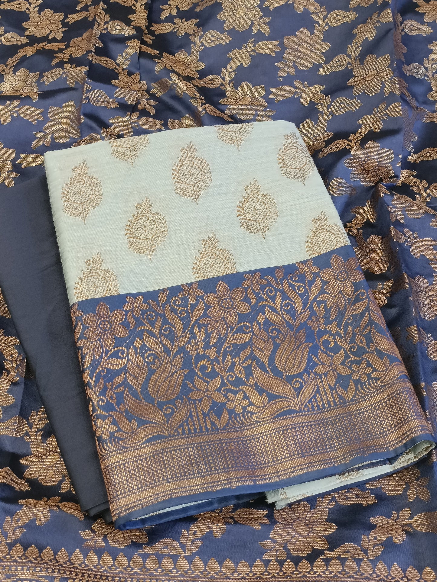 Light Blue Cotton Floral Zari Booti with Contrast Navy Blue Silk Border Banarasi Suit 525IM_CTN10