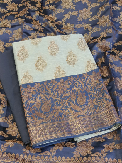 Light Blue Cotton Floral Zari Booti with Contrast Navy Blue Silk Border Banarasi Suit 525IM_CTN10