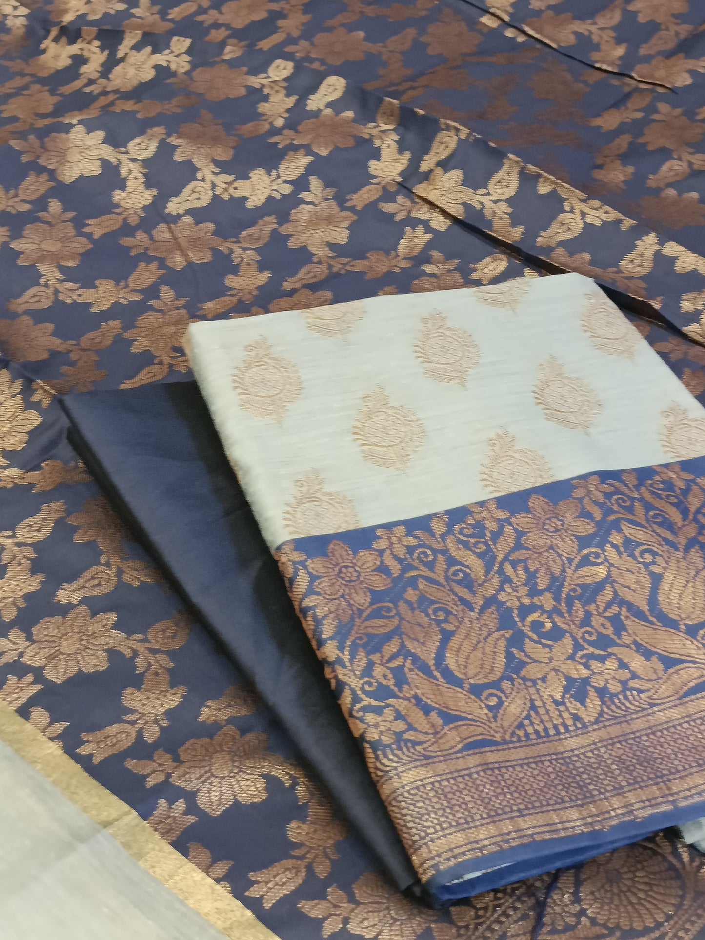 Light Blue Cotton Floral Zari Booti with Contrast Navy Blue Silk Border Banarasi Suit 525IM_CTN10