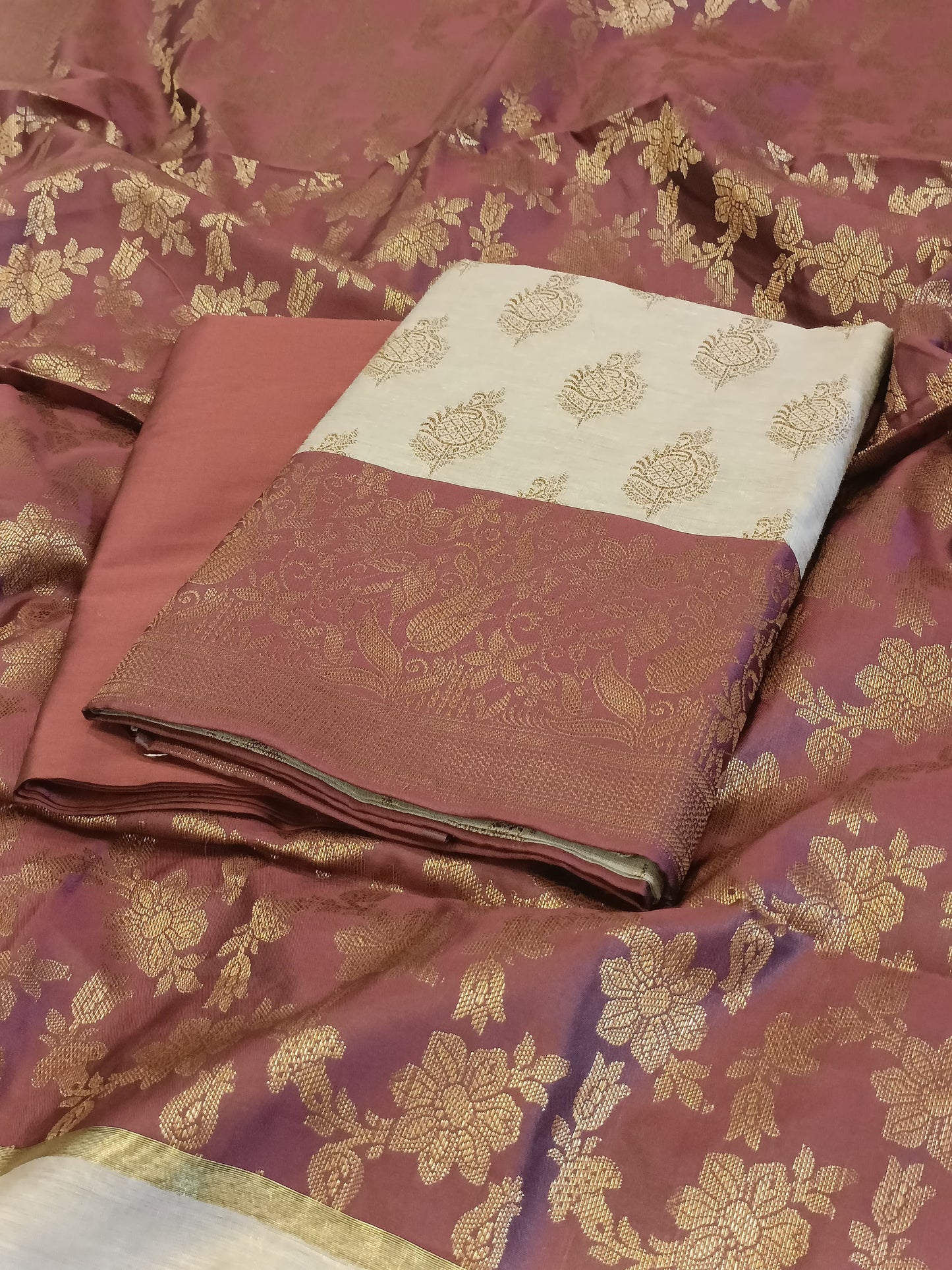 Tussar Cotton Floral Zari Booti with Contrast Brown Silk Border Banarasi Suit 525IM_CTN11