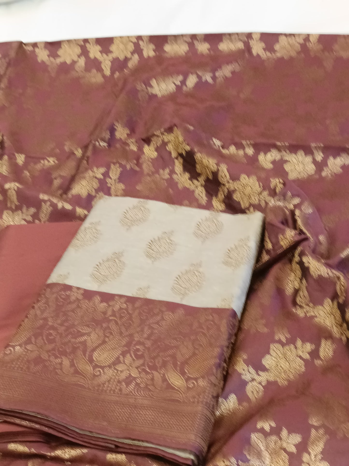 Tussar Cotton Floral Zari Booti with Contrast Brown Silk Border Banarasi Suit 525IM_CTN11
