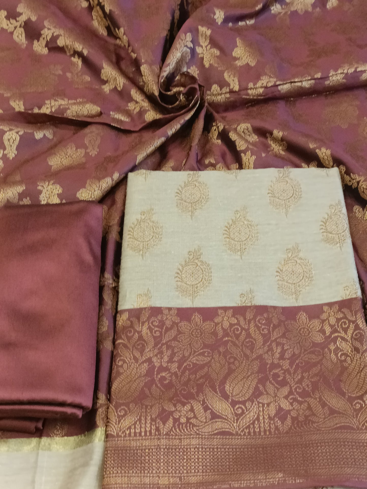 Tussar Cotton Floral Zari Booti with Contrast Brown Silk Border Banarasi Suit 525IM_CTN11
