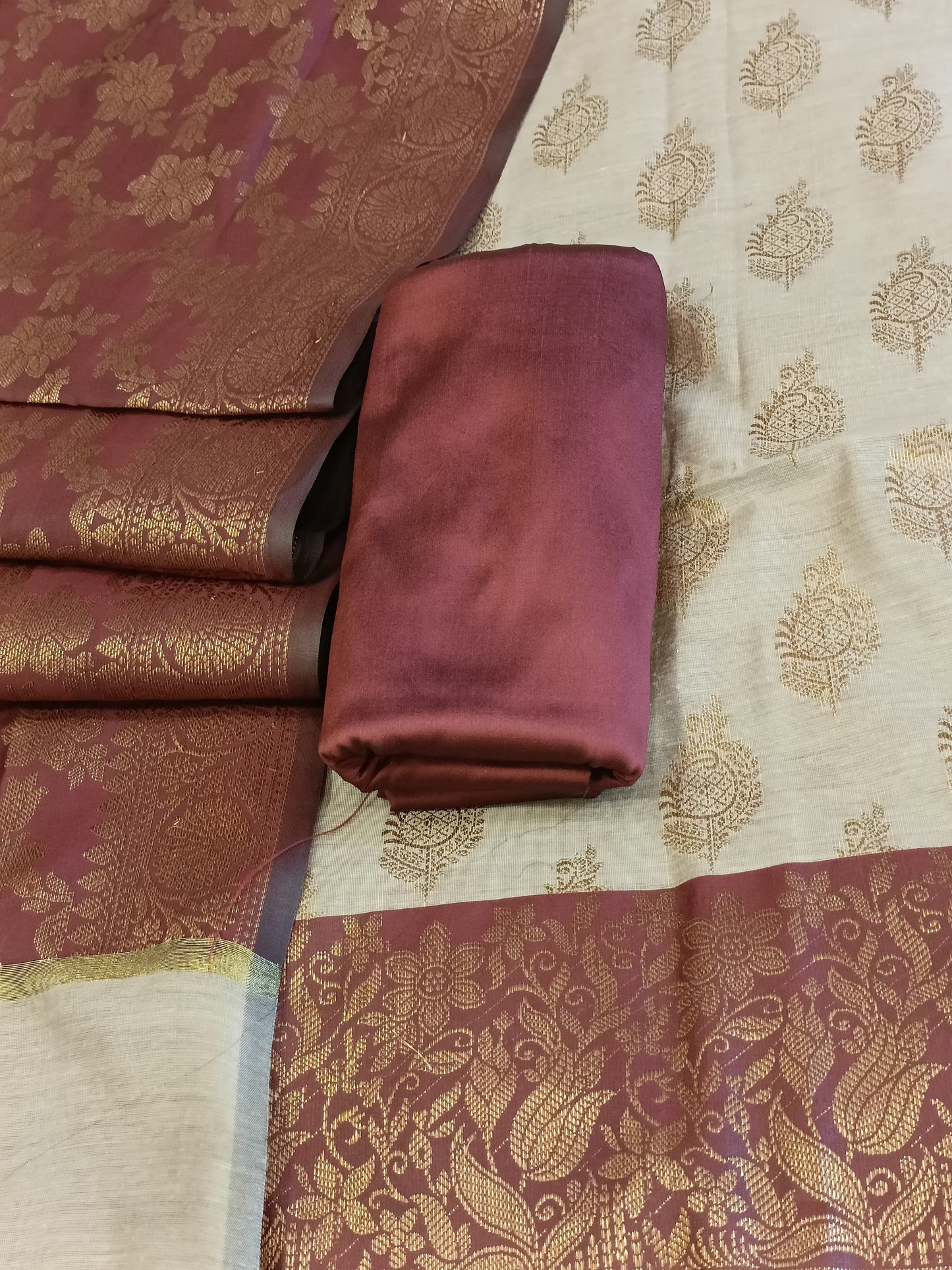 Tussar Cotton Floral Zari Booti with Contrast Brown Silk Border Banarasi Suit 525IM_CTN11