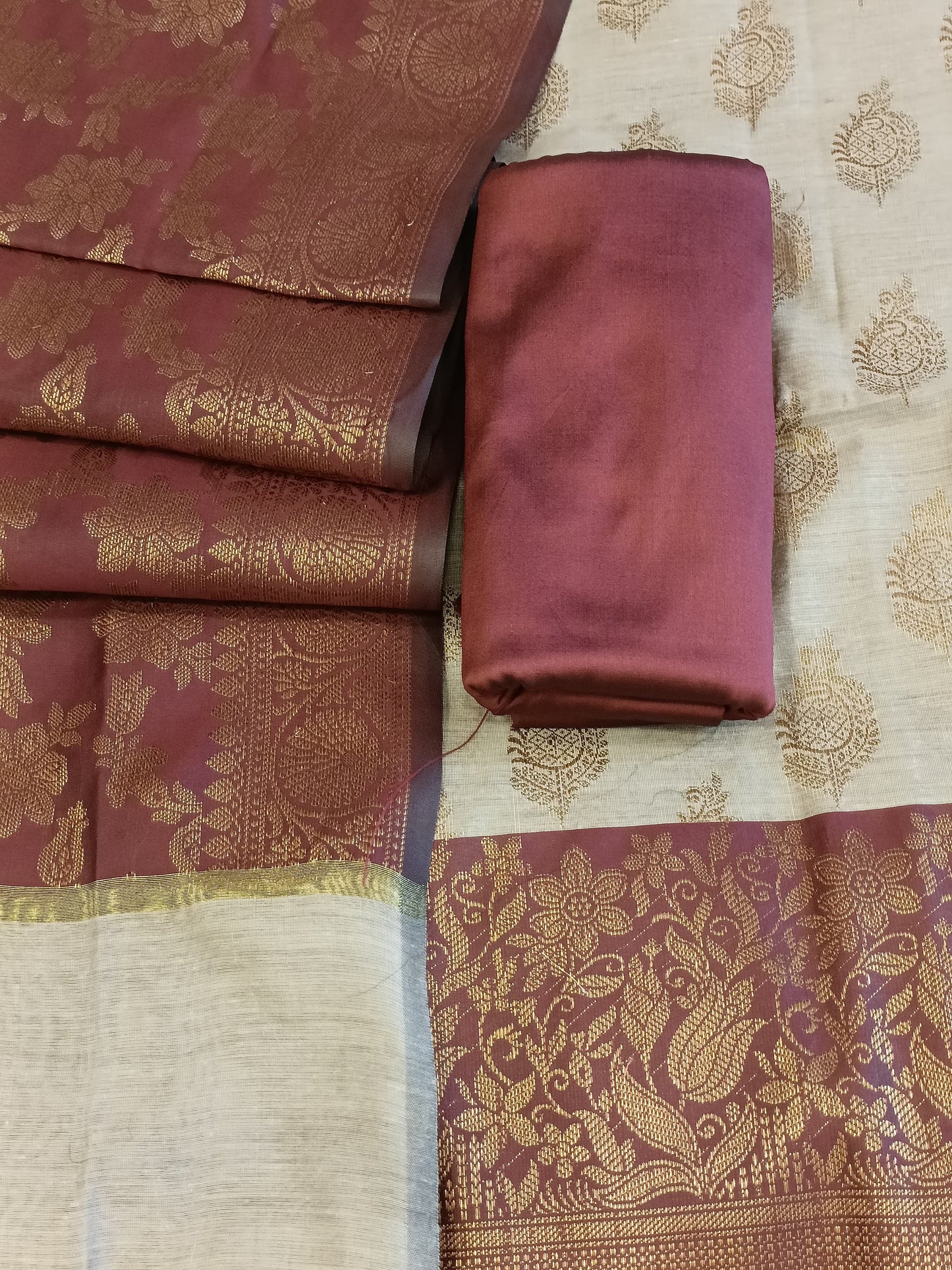 Tussar Cotton Floral Zari Booti with Contrast Brown Silk Border Banarasi Suit 525IM_CTN11