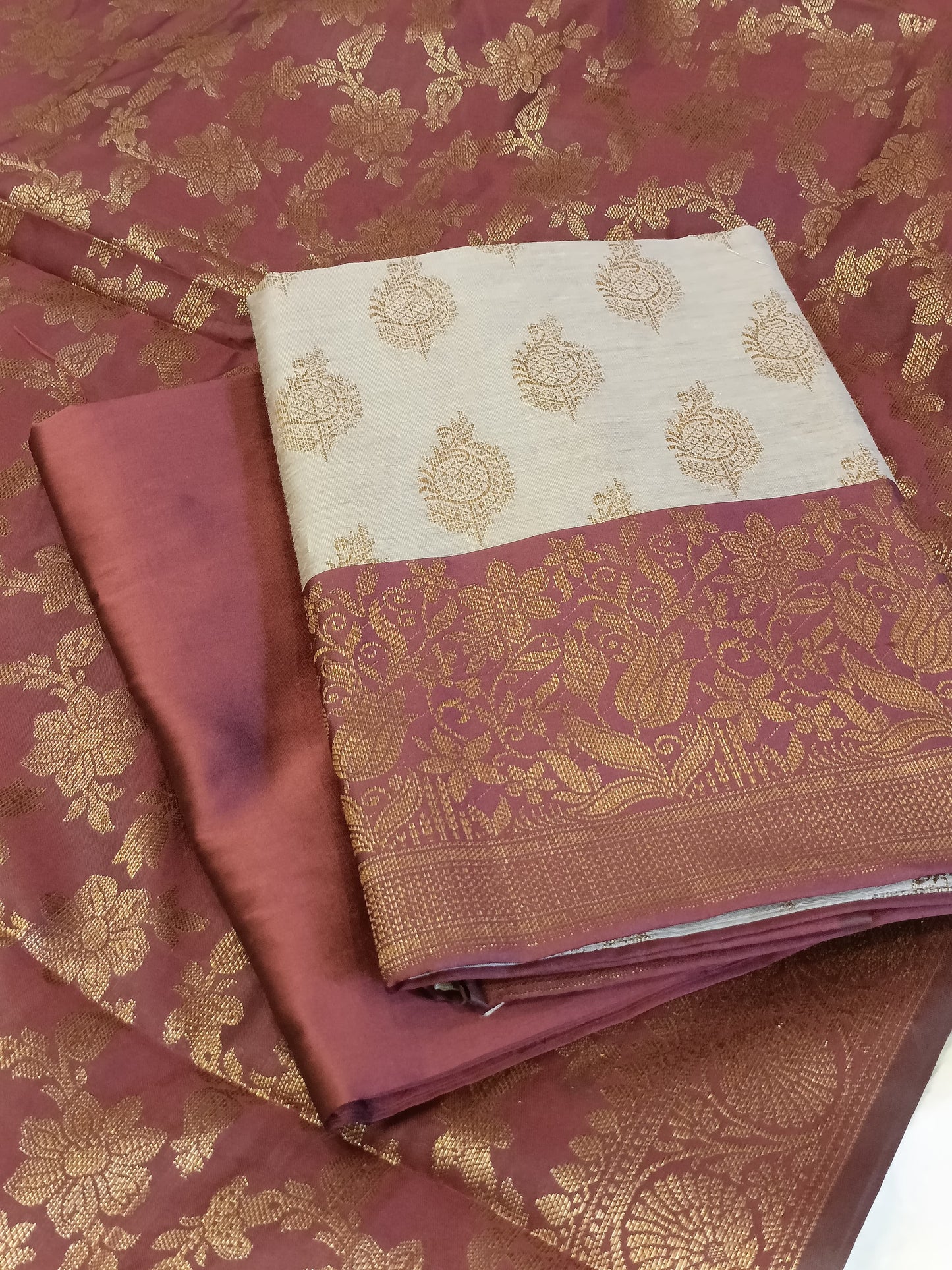 Tussar Cotton Floral Zari Booti with Contrast Brown Silk Border Banarasi Suit 525IM_CTN11