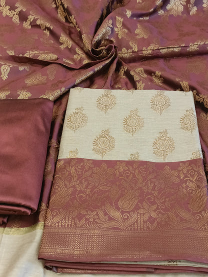 Tussar Cotton Floral Zari Booti with Contrast Brown Silk Border Banarasi Suit 525IM_CTN11