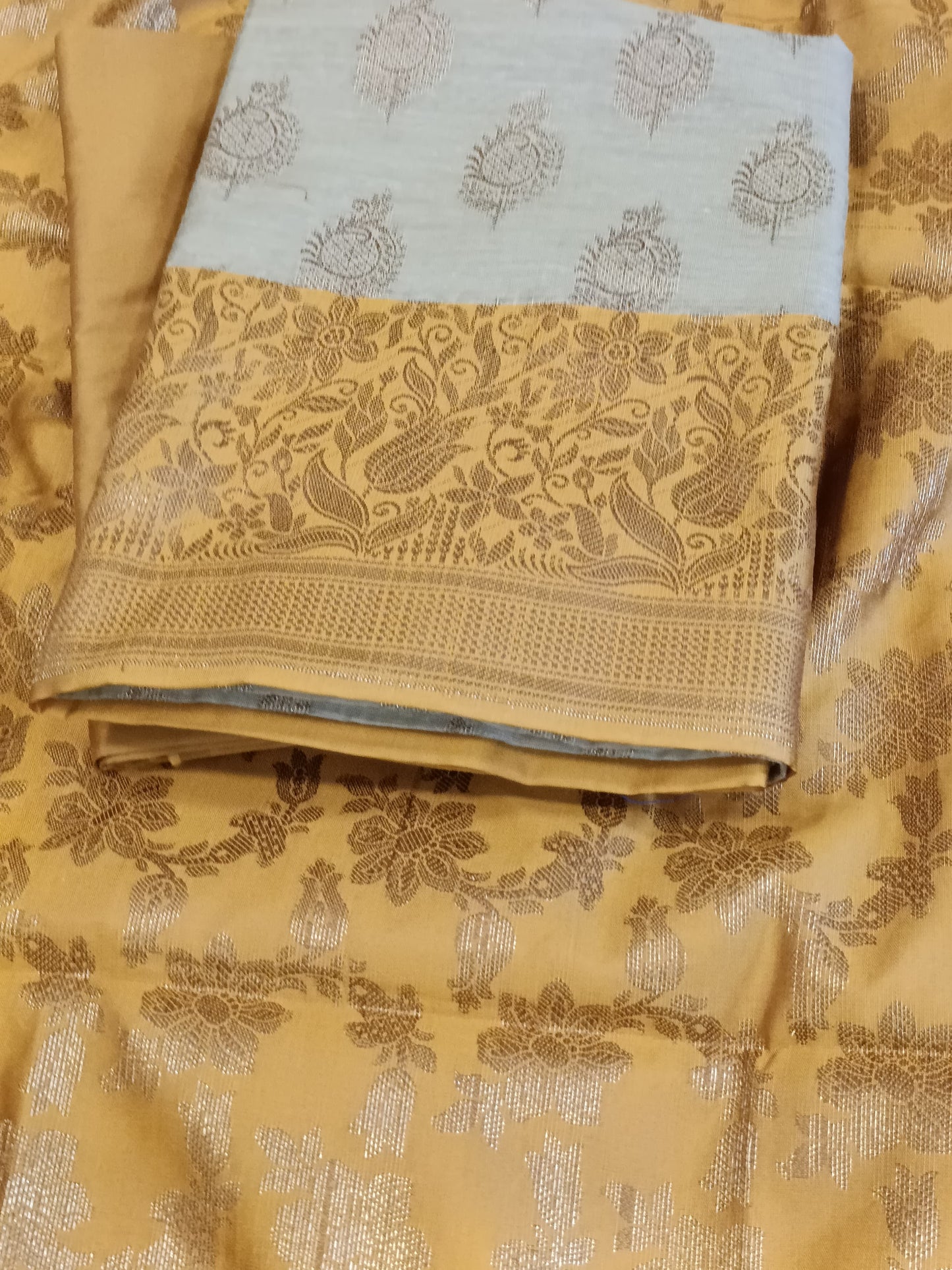 Tussar Cotton Floral Zari Booti with Contrast Mustard Gold Silk Border Banarasi Suit 525IM_CTN12