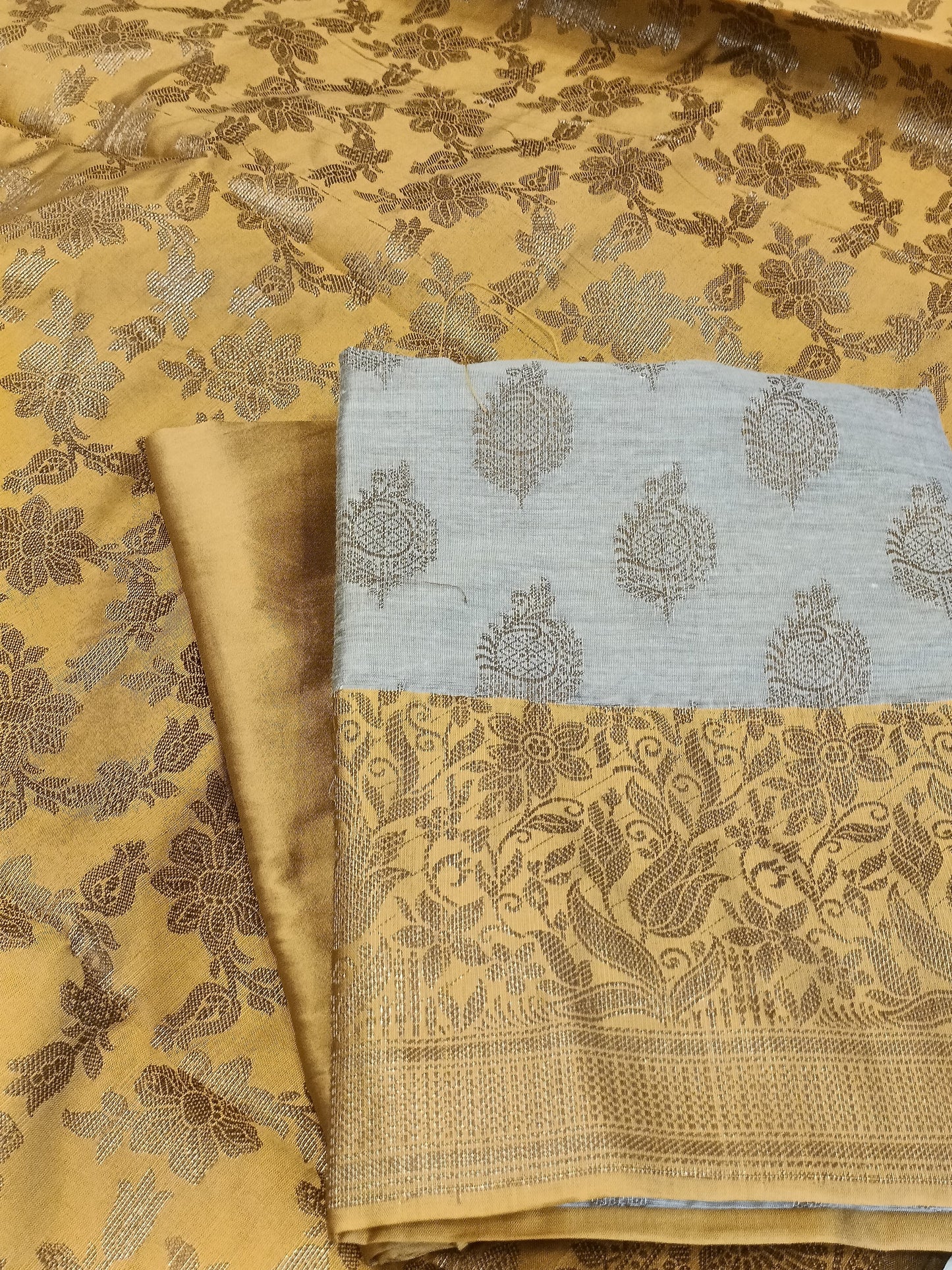 Tussar Cotton Floral Zari Booti with Contrast Mustard Gold Silk Border Banarasi Suit 525IM_CTN12