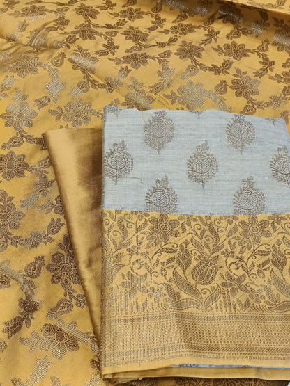 Tussar Cotton Floral Zari Booti with Contrast Mustard Gold Silk Border Banarasi Suit 525IM_CTN12