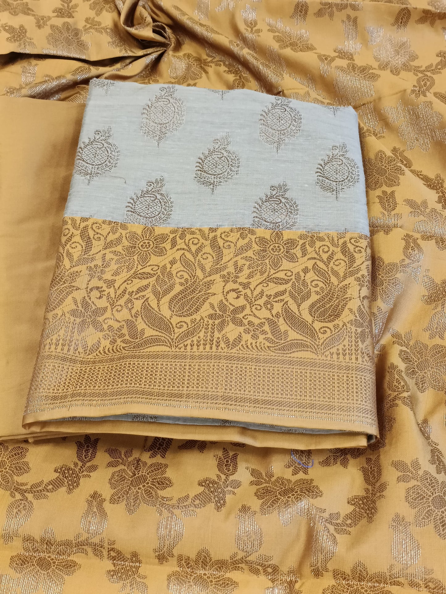 Tussar Cotton Floral Zari Booti with Contrast Mustard Gold Silk Border Banarasi Suit 525IM_CTN12