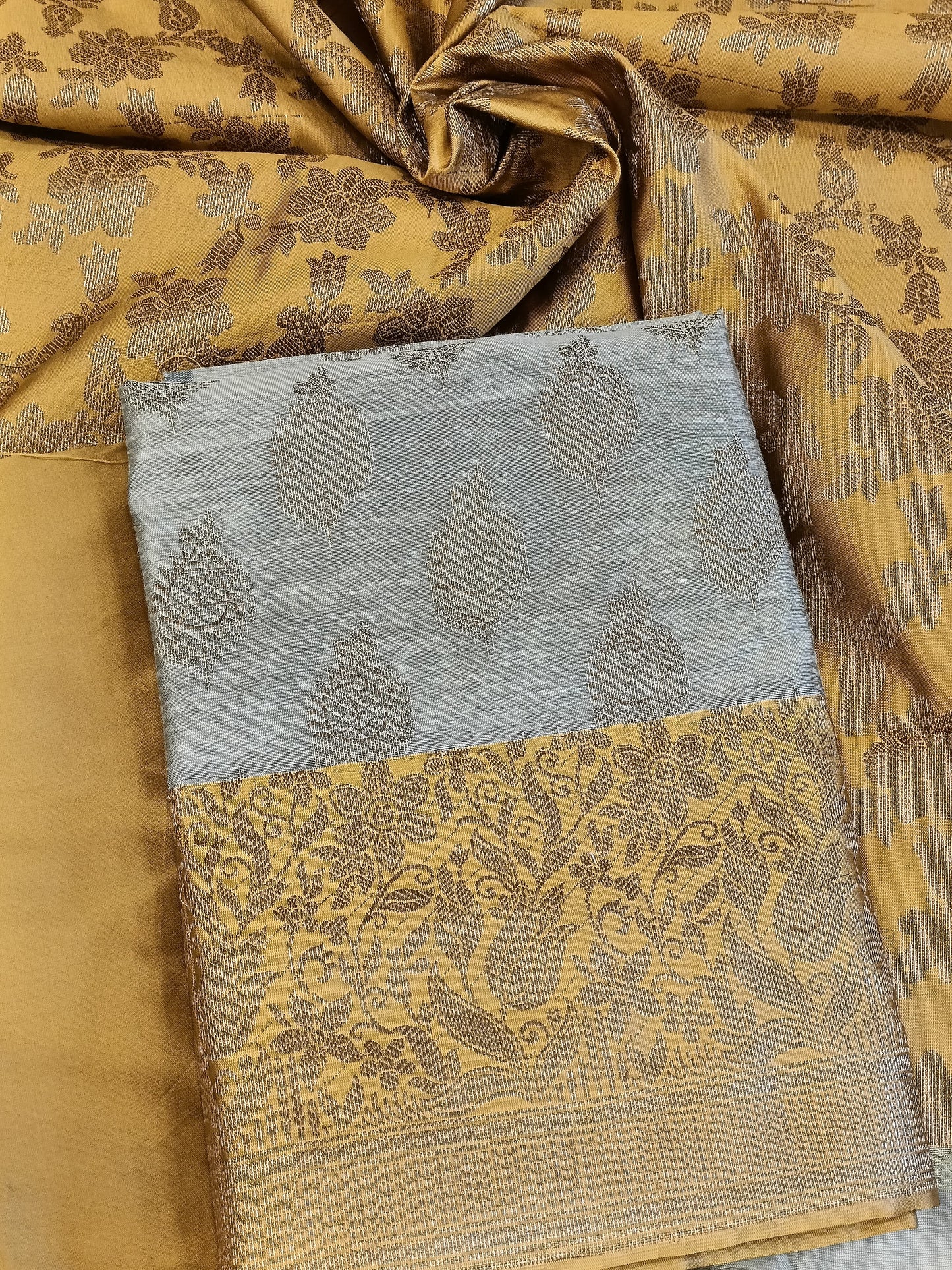 Tussar Cotton Floral Zari Booti with Contrast Mustard Gold Silk Border Banarasi Suit 525IM_CTN12