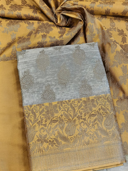 Tussar Cotton Floral Zari Booti with Contrast Mustard Gold Silk Border Banarasi Suit 525IM_CTN12