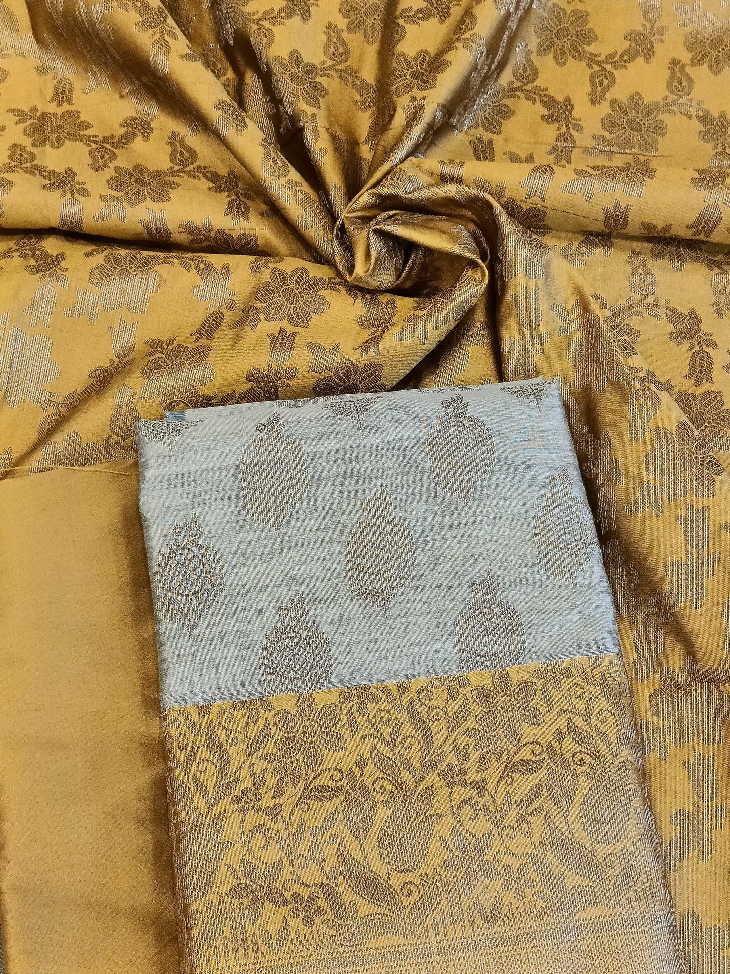 Tussar Cotton Floral Zari Booti with Contrast Mustard Gold Silk Border Banarasi Suit 525IM_CTN12