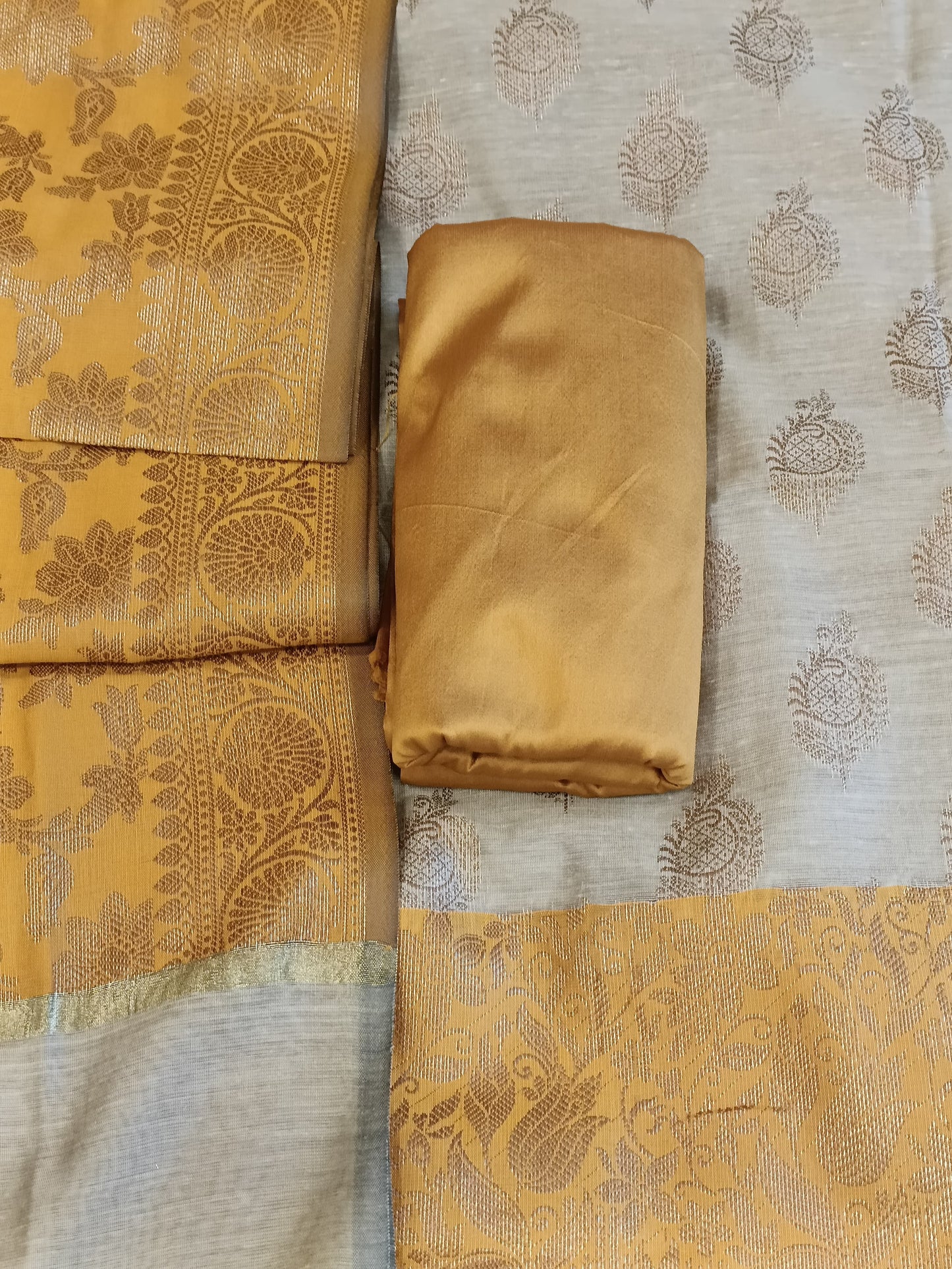 Tussar Cotton Floral Zari Booti with Contrast Mustard Gold Silk Border Banarasi Suit 525IM_CTN12