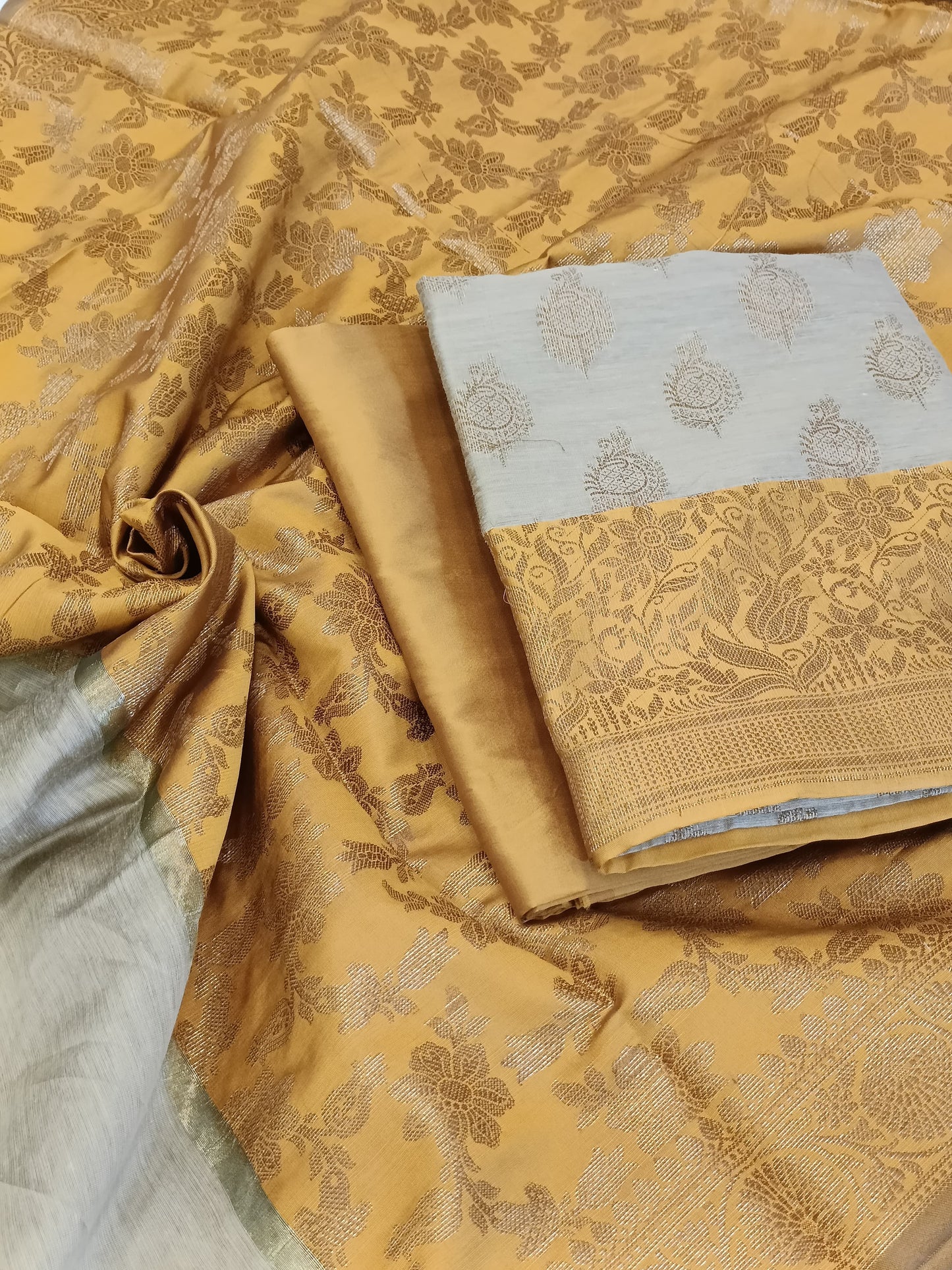 Tussar Cotton Floral Zari Booti with Contrast Mustard Gold Silk Border Banarasi Suit 525IM_CTN12