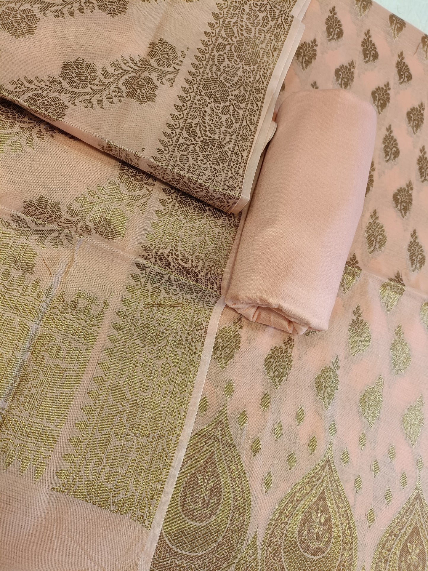 Peach Cotton Alfi Zari Booti Banarasi 3 pcs Suit Set 525IM_CTN15