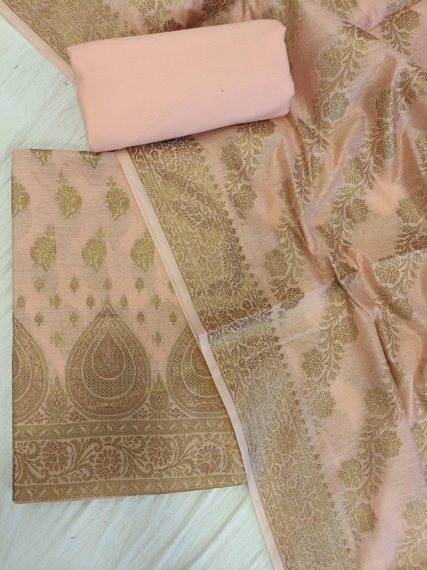 Peach Cotton Alfi Zari Booti Banarasi 3 pcs Suit Set 525IM_CTN15