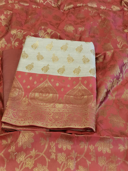 Tussar Cotton Floral Zari Booti with Contrast Maroon Silk Border Banarasi Suit 525IM_CTN1