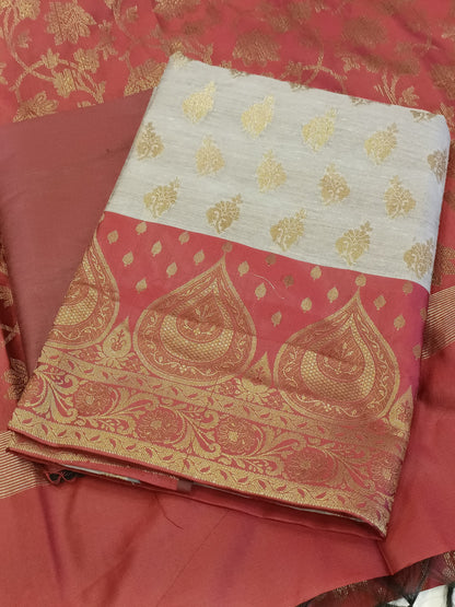 Tussar Cotton Floral Zari Booti with Contrast Maroon Silk Border Banarasi Suit 525IM_CTN1