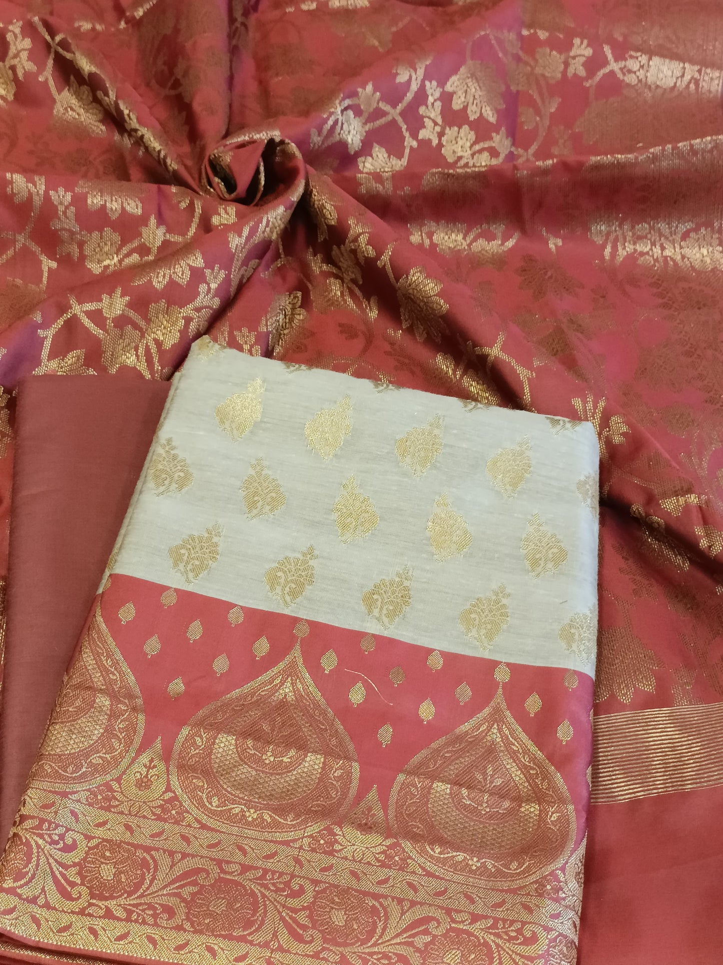 Tussar Cotton Floral Zari Booti with Contrast Maroon Silk Border Banarasi Suit 525IM_CTN1