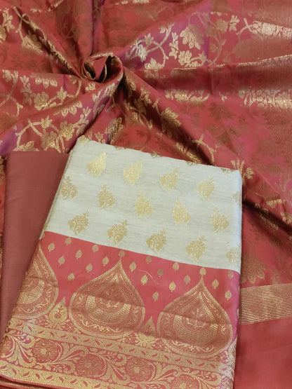 Tussar Cotton Floral Zari Booti with Contrast Maroon Silk Border Banarasi Suit 525IM_CTN1