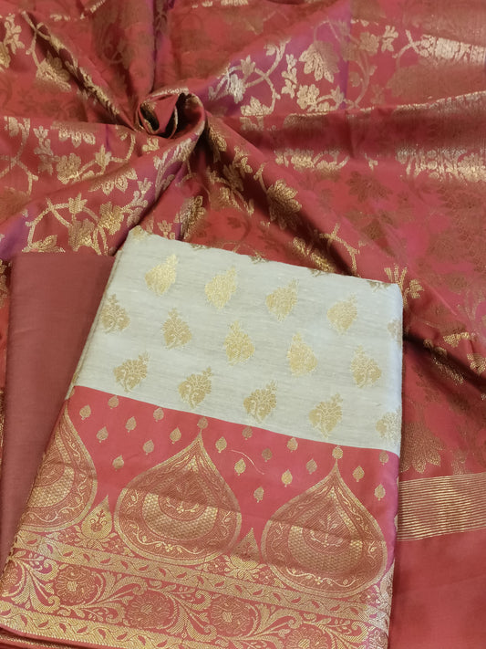 Tussar Cotton Floral Zari Booti with Contrast Maroon Silk Border Banarasi Suit 525IM_CTN1