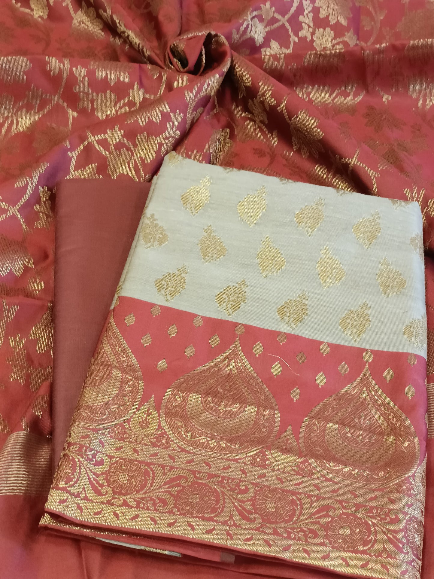Tussar Cotton Floral Zari Booti with Contrast Maroon Silk Border Banarasi Suit 525IM_CTN1