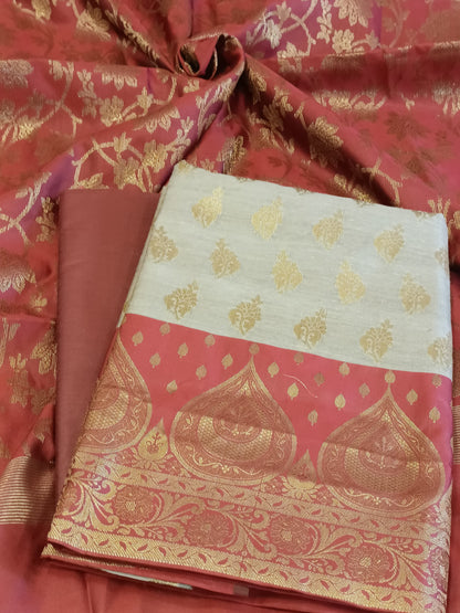 Tussar Cotton Floral Zari Booti with Contrast Maroon Silk Border Banarasi Suit 525IM_CTN1