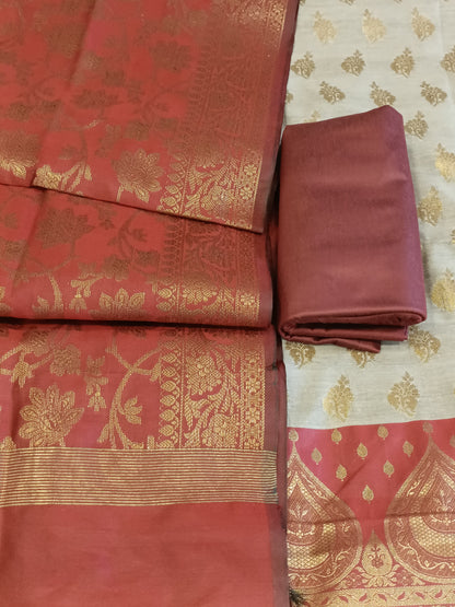 Tussar Cotton Floral Zari Booti with Contrast Maroon Silk Border Banarasi Suit 525IM_CTN1