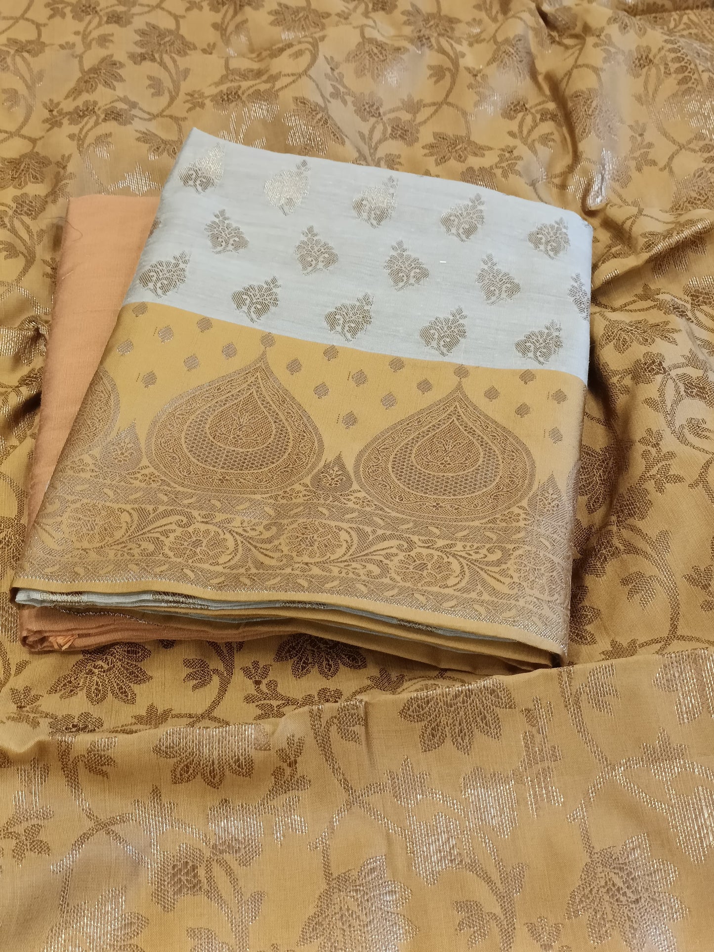 Tussar Cotton Floral Zari Booti with Contrast Mustard Gold Silk Border Banarasi Suit 525IM_CTN2