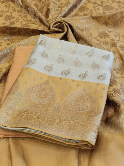Tussar Cotton Floral Zari Booti with Contrast Mustard Gold Silk Border Banarasi Suit 525IM_CTN2