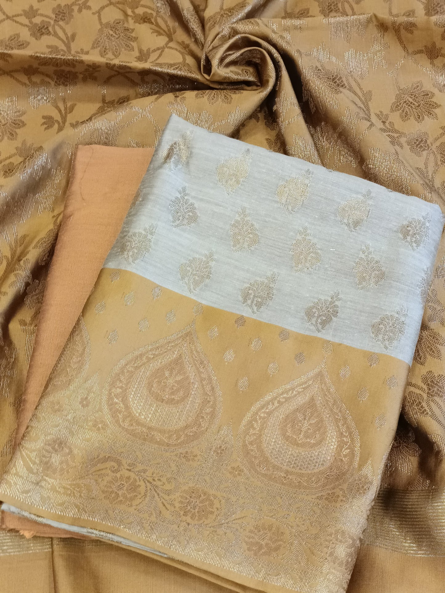 Tussar Cotton Floral Zari Booti with Contrast Mustard Gold Silk Border Banarasi Suit 525IM_CTN2