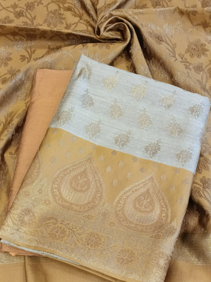 Tussar Cotton Floral Zari Booti with Contrast Mustard Gold Silk Border Banarasi Suit 525IM_CTN2