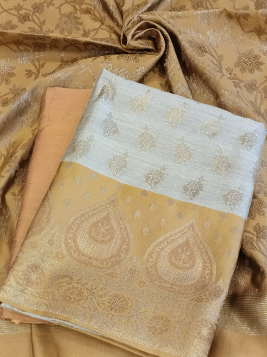 Tussar Cotton Floral Zari Booti with Contrast Mustard Gold Silk Border Banarasi Suit 525IM_CTN2