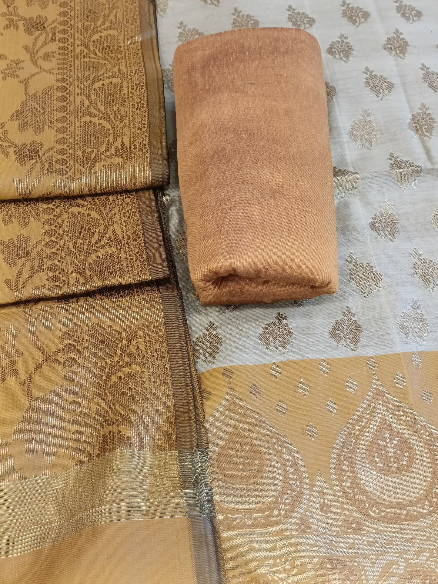 Tussar Cotton Floral Zari Booti with Contrast Mustard Gold Silk Border Banarasi Suit 525IM_CTN2