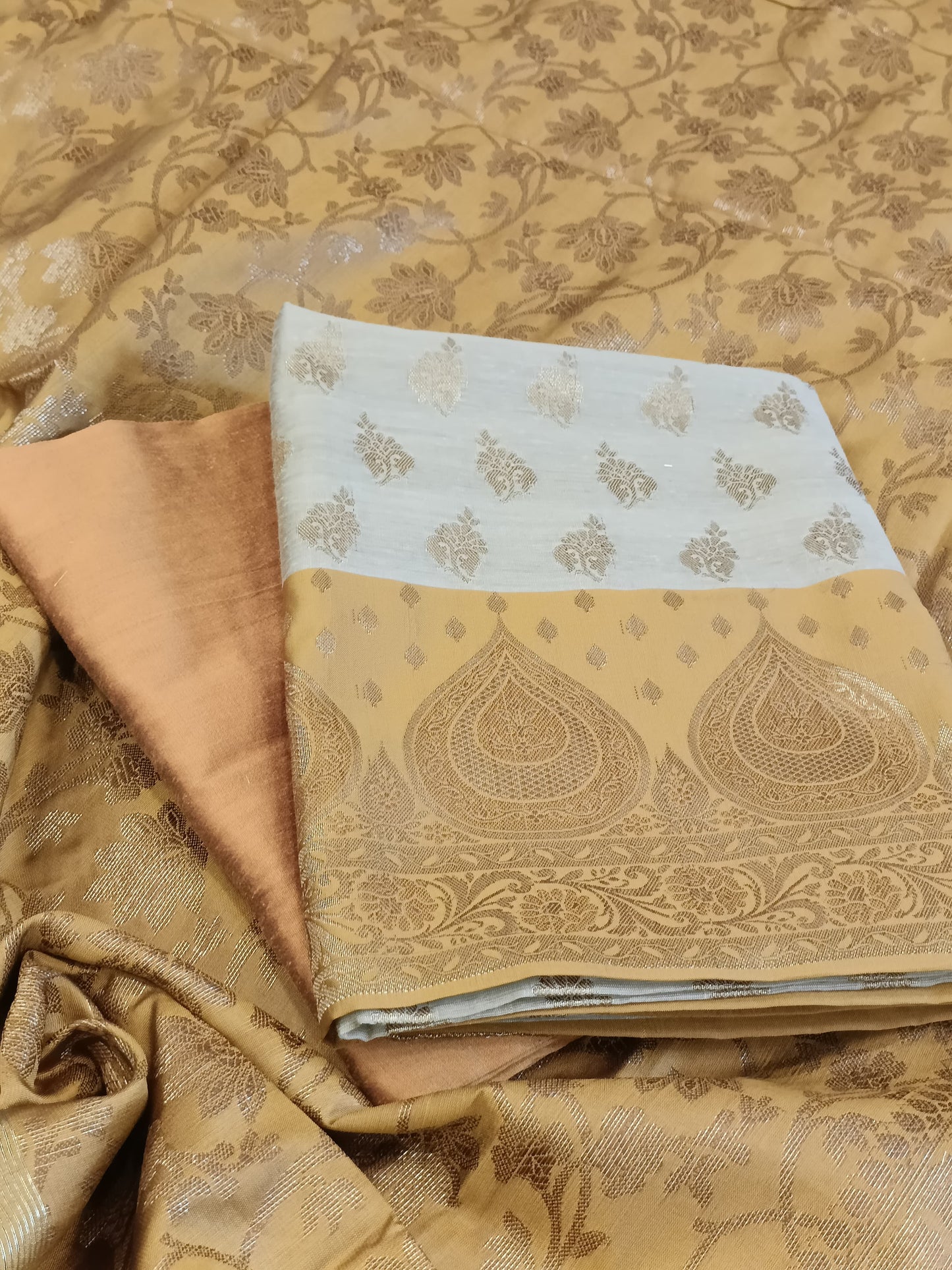 Tussar Cotton Floral Zari Booti with Contrast Mustard Gold Silk Border Banarasi Suit 525IM_CTN2