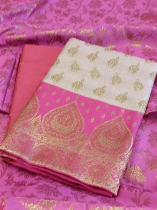Light Magenta Cotton Floral Zari Booti with Contrast Maroon Silk Border Banarasi Suit 525IM_CTN3