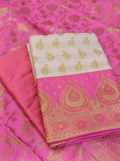 Light Magenta Cotton Floral Zari Booti with Contrast Maroon Silk Border Banarasi Suit 525IM_CTN3