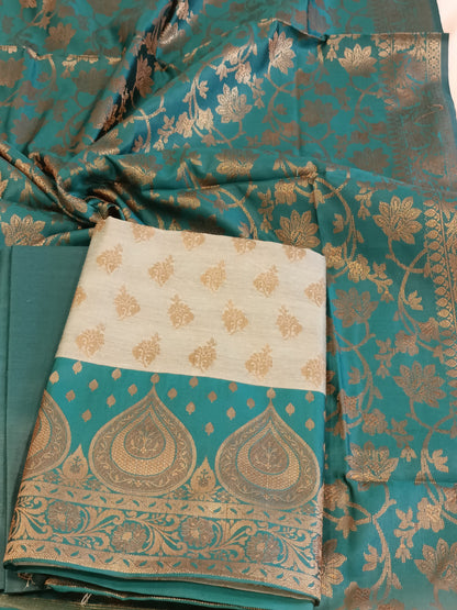 Light Seagreen Cotton Floral Zari Booti with Contrast Seagreen Silk Border Banarasi Suit 525IM_CTN4