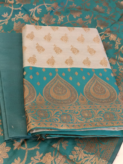 Light Seagreen Cotton Floral Zari Booti with Contrast Seagreen Silk Border Banarasi Suit 525IM_CTN4