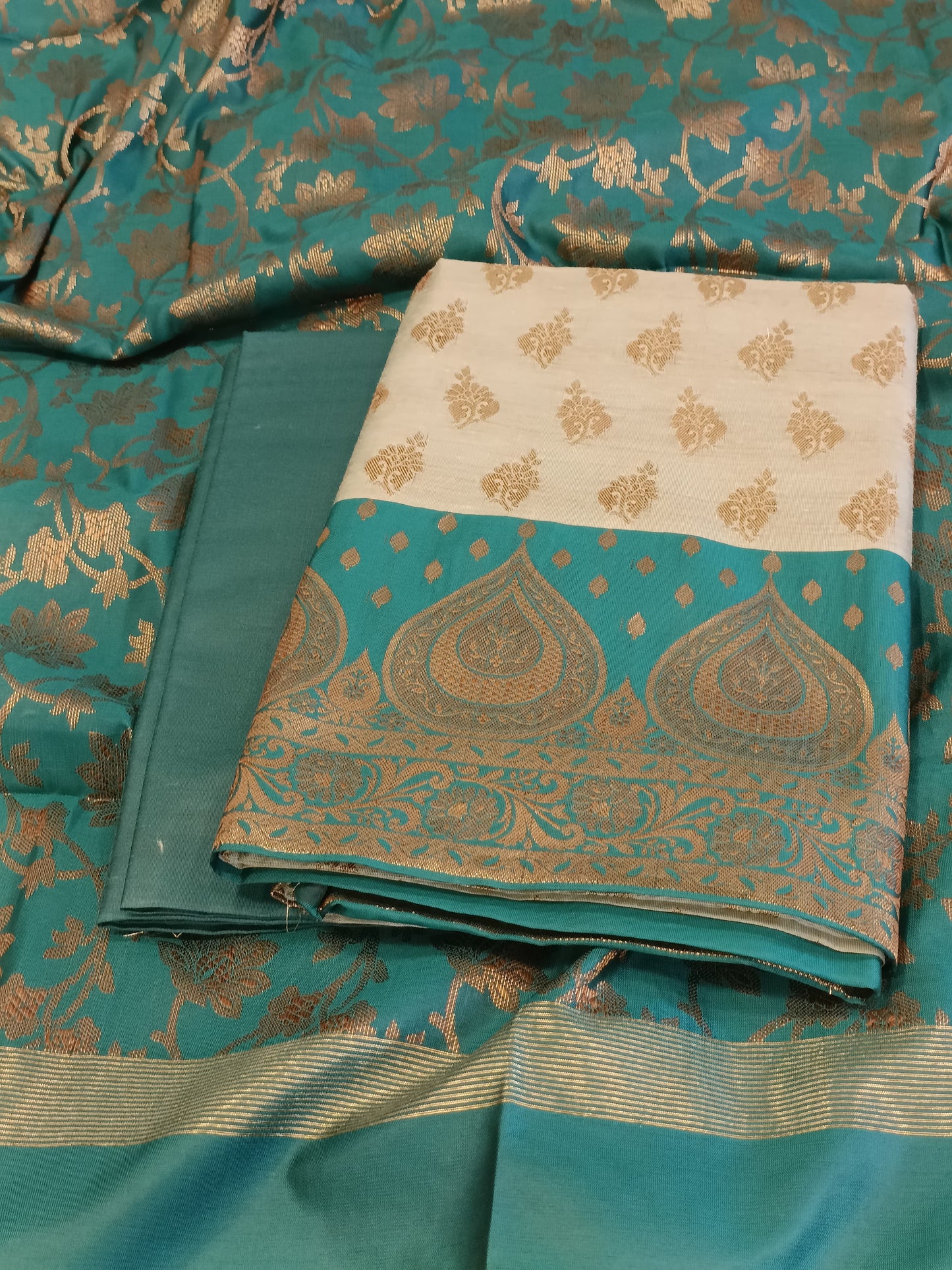 Light Seagreen Cotton Floral Zari Booti with Contrast Seagreen Silk Border Banarasi Suit 525IM_CTN4
