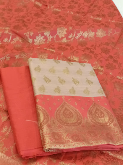 Tussar Cotton Floral Zari Booti with Contrast Red Silk Border Banarasi Suit 525IM_CTN5