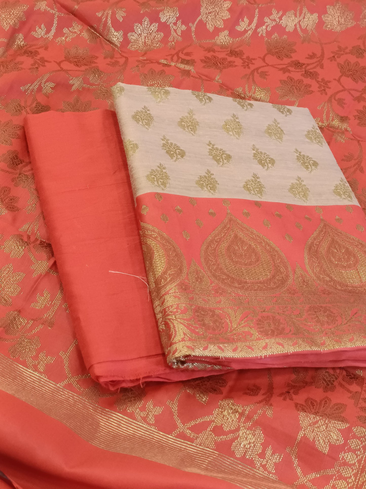 Tussar Cotton Floral Zari Booti with Contrast Red Silk Border Banarasi Suit 525IM_CTN5