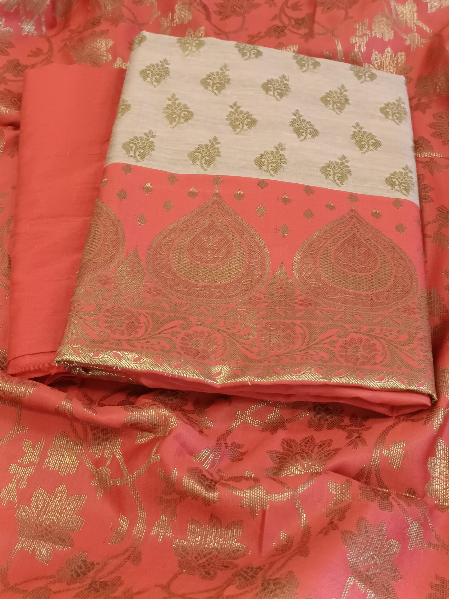Tussar Cotton Floral Zari Booti with Contrast Red Silk Border Banarasi Suit 525IM_CTN5