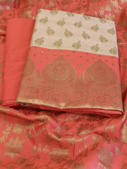 Tussar Cotton Floral Zari Booti with Contrast Red Silk Border Banarasi Suit 525IM_CTN5