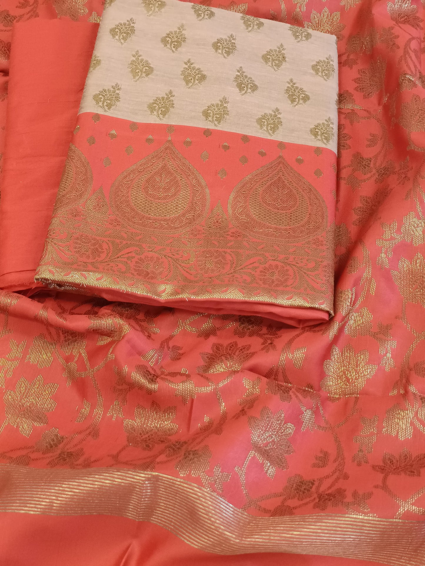 Tussar Cotton Floral Zari Booti with Contrast Red Silk Border Banarasi Suit 525IM_CTN5