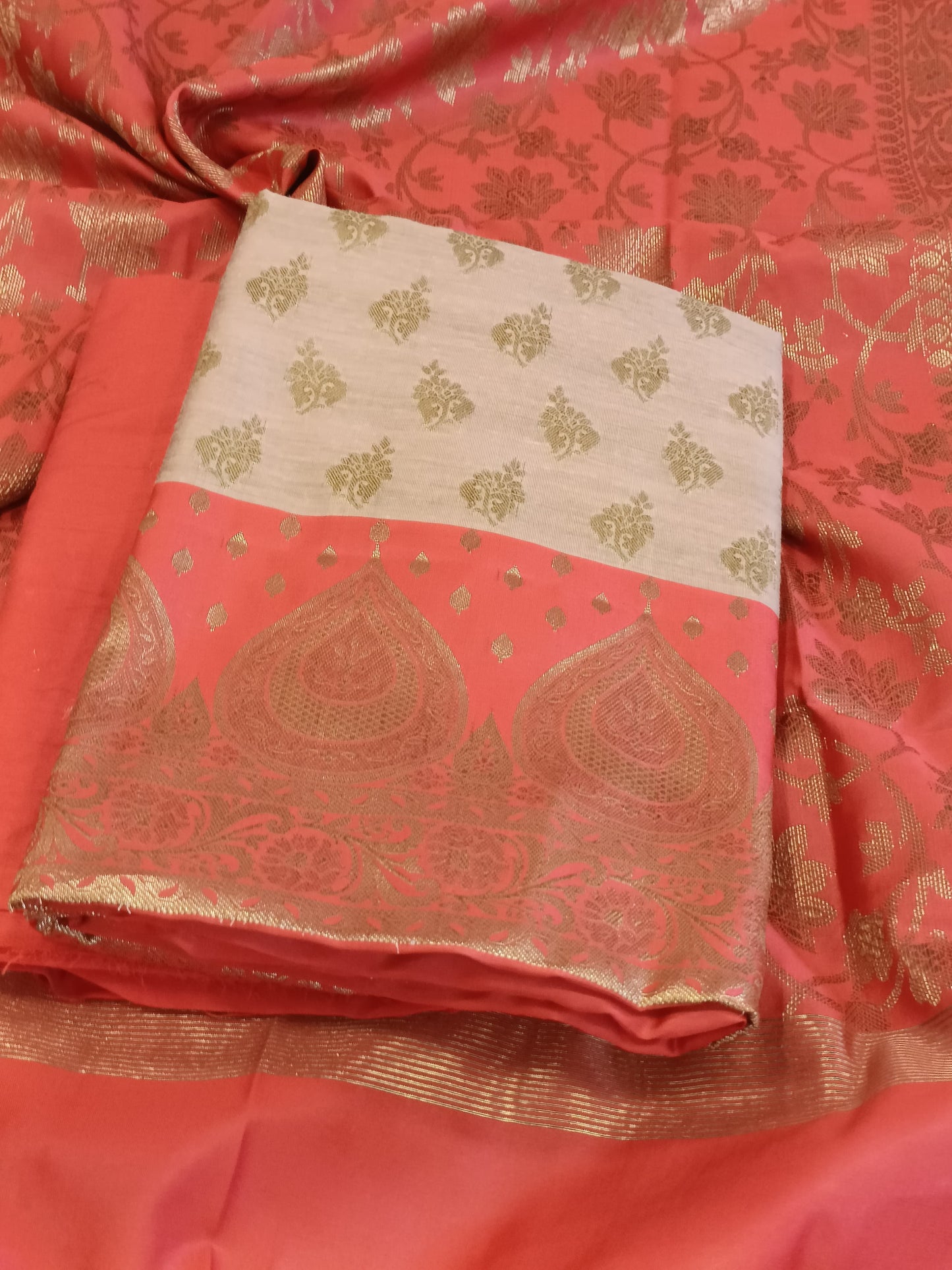 Tussar Cotton Floral Zari Booti with Contrast Red Silk Border Banarasi Suit 525IM_CTN5