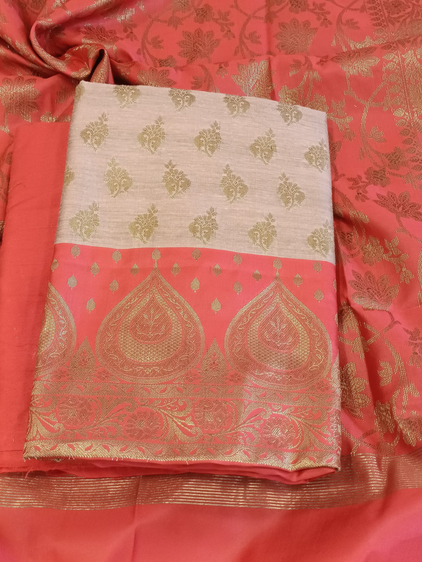 Tussar Cotton Floral Zari Booti with Contrast Red Silk Border Banarasi Suit 525IM_CTN5