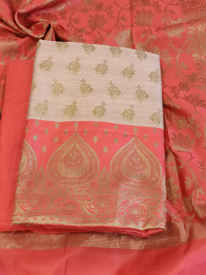 Tussar Cotton Floral Zari Booti with Contrast Red Silk Border Banarasi Suit 525IM_CTN5