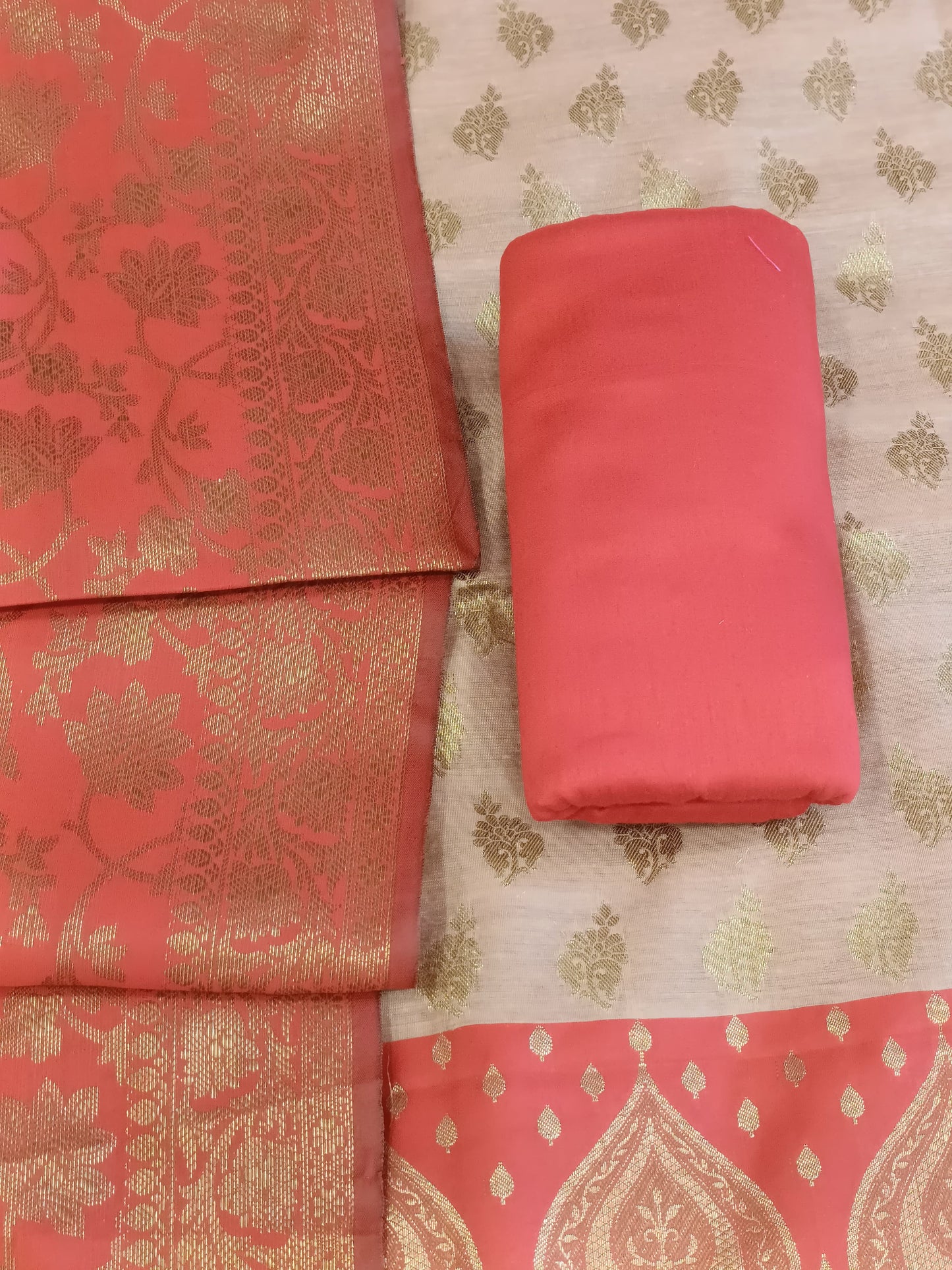 Tussar Cotton Floral Zari Booti with Contrast Red Silk Border Banarasi Suit 525IM_CTN5
